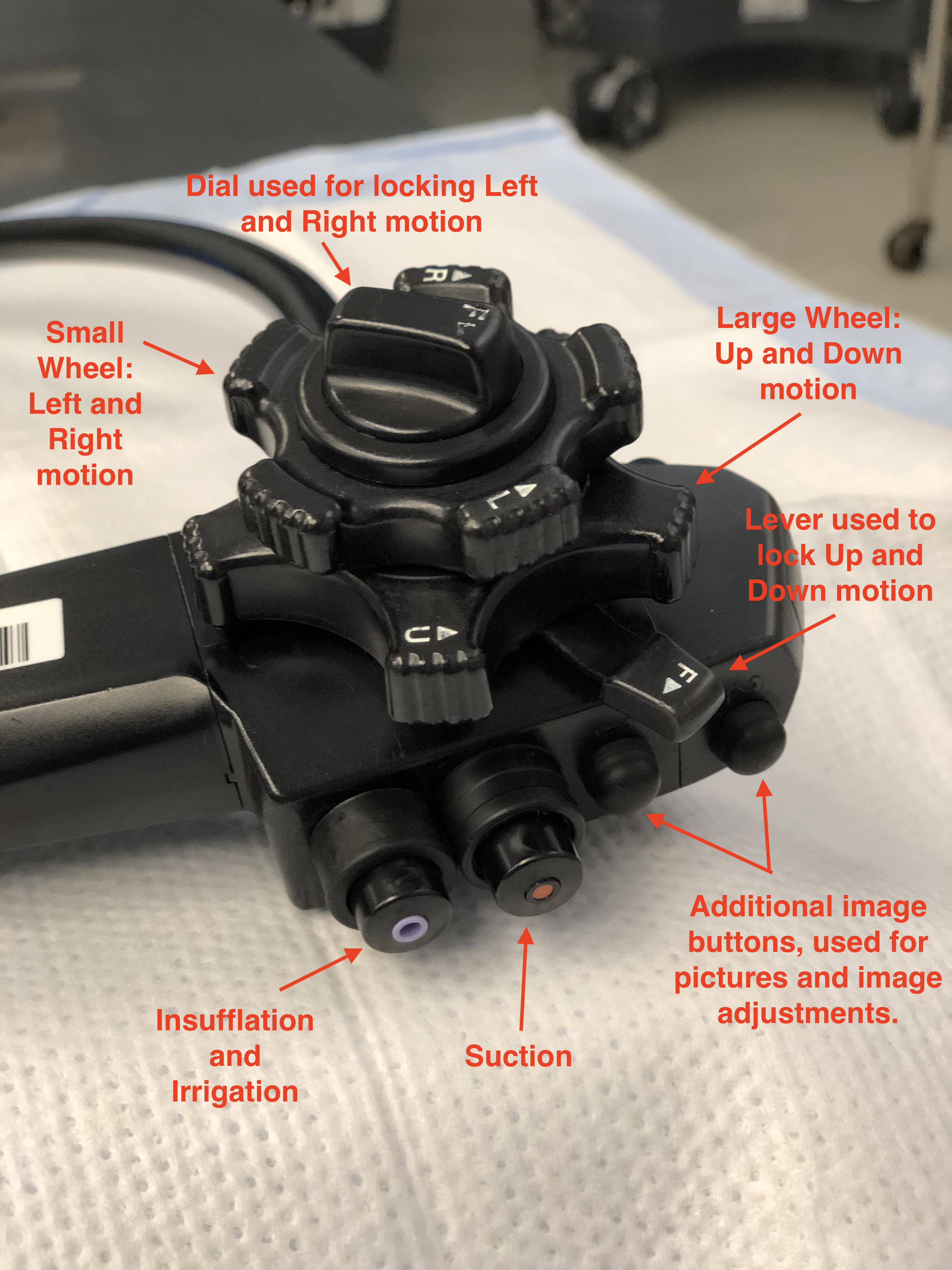 <p>Colonoscope, Components Description. This image details the 7 components of the colonoscope and explains their use.</p>