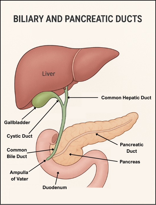 <p>Biliary and Pancreatic Ducts. This image shows the anatomy of the biliary and pancreatic ducts.</p>