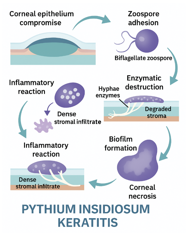 <p>Schematic diagram depicting pathophysiology of Pythium insidiosum keratitis&nbsp;</p>