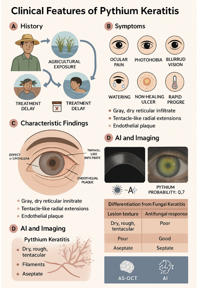 <p>Schematic diagram depicting clinical features of Pythium insidiosum keratitis&nbsp;</p>
