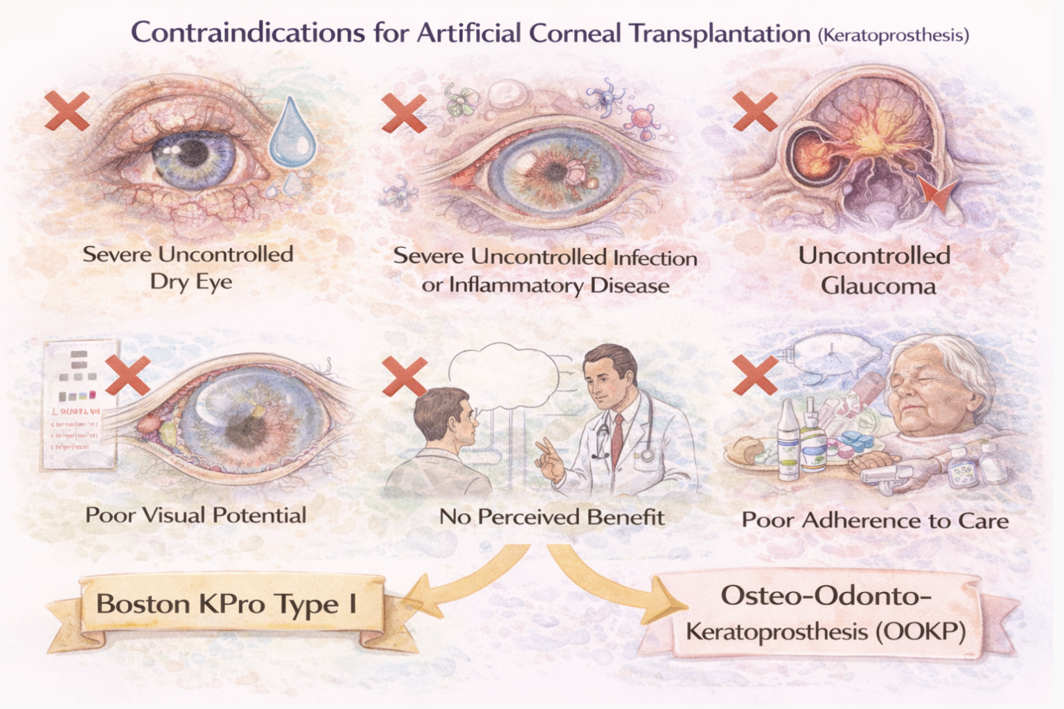 <p>Schematic diagram depicting contraindications of&nbsp;artificial corneal transplantation</p>