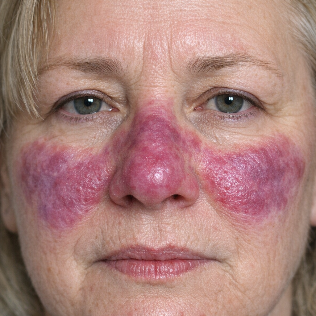 <p>Lupus P&eacute;rnio. Violaceous plaques on the nose and cheeks can be a manifestation of sarcoidosis.</p>