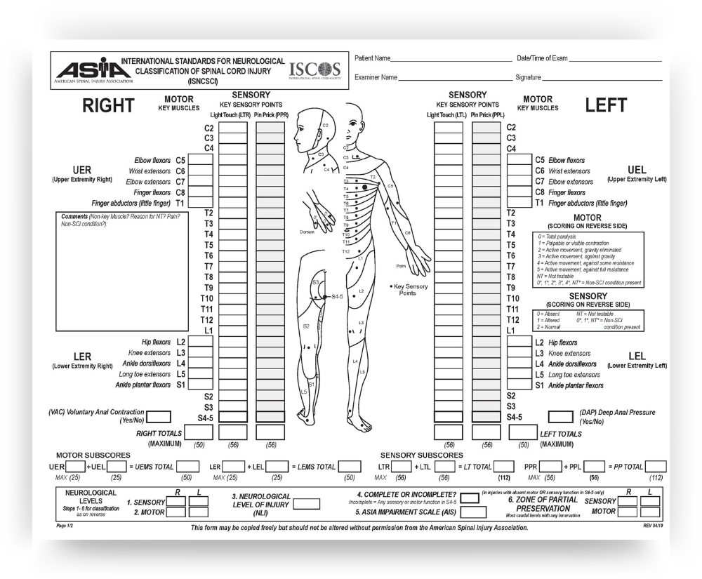 <p>American Spinal Injury Association (ASIA) Spinal Cord Injury Scoring Sheet